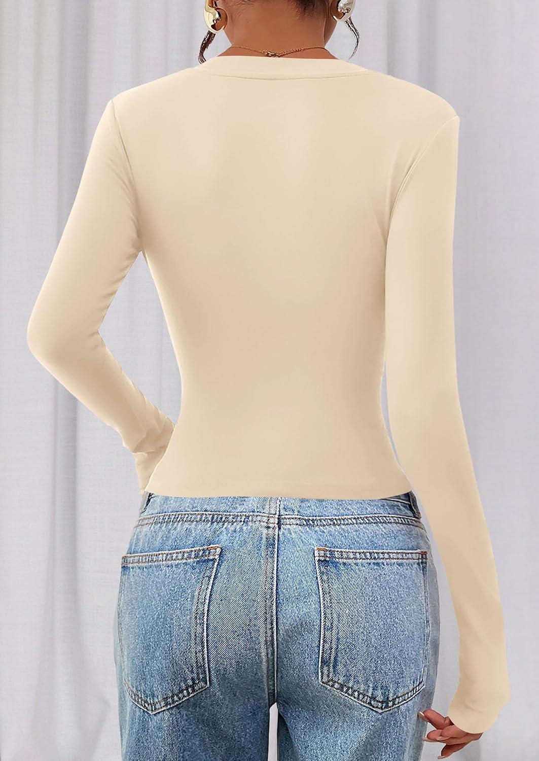 imagePRETTYGARDEN Womens Long Sleeve T Shirts 2026 Fall Trendy Deep V Neck Slim Fit Basic Crop Tops Casual Going Out TopBeige