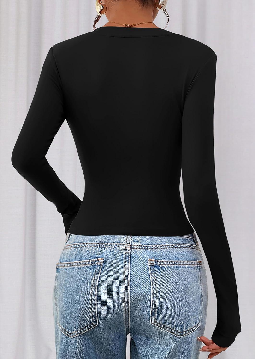 imagePRETTYGARDEN Womens Long Sleeve T Shirts 2026 Fall Trendy Deep V Neck Slim Fit Basic Crop Tops Casual Going Out TopBlack