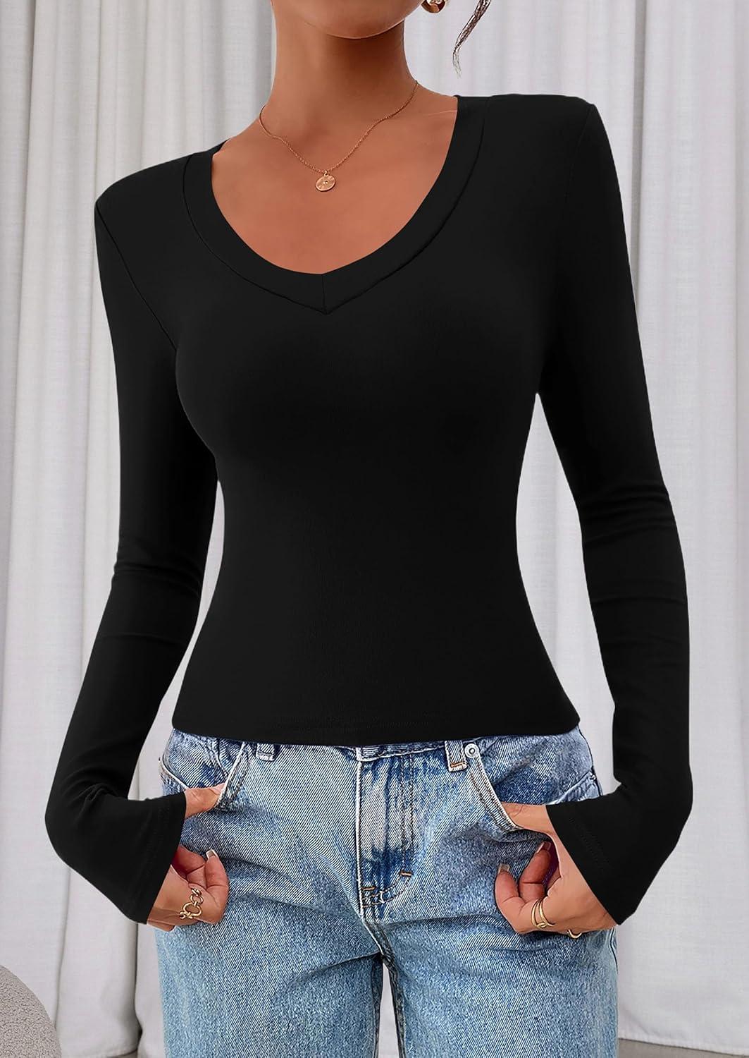 imagePRETTYGARDEN Womens Long Sleeve T Shirts 2026 Fall Trendy Deep V Neck Slim Fit Basic Crop Tops Casual Going Out TopBlack