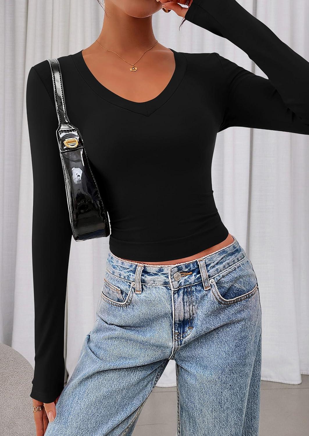 imagePRETTYGARDEN Womens Long Sleeve T Shirts 2026 Fall Trendy Deep V Neck Slim Fit Basic Crop Tops Casual Going Out TopBlack