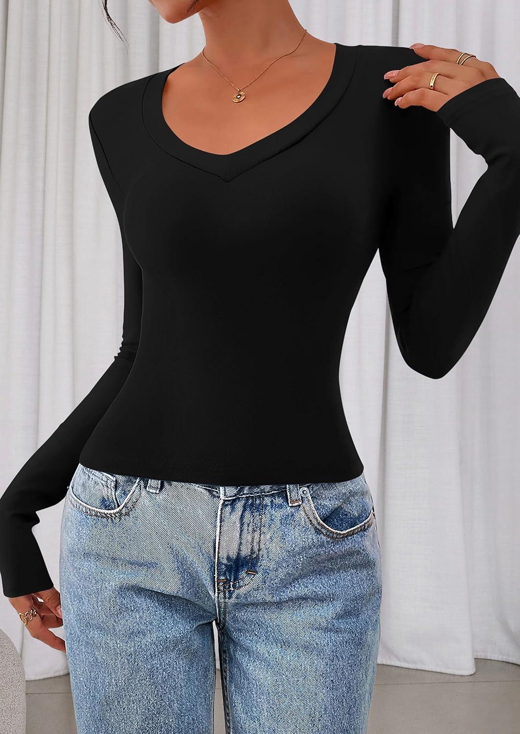 imagePRETTYGARDEN Womens Long Sleeve T Shirts 2026 Fall Trendy Deep V Neck Slim Fit Basic Crop Tops Casual Going Out TopBlack