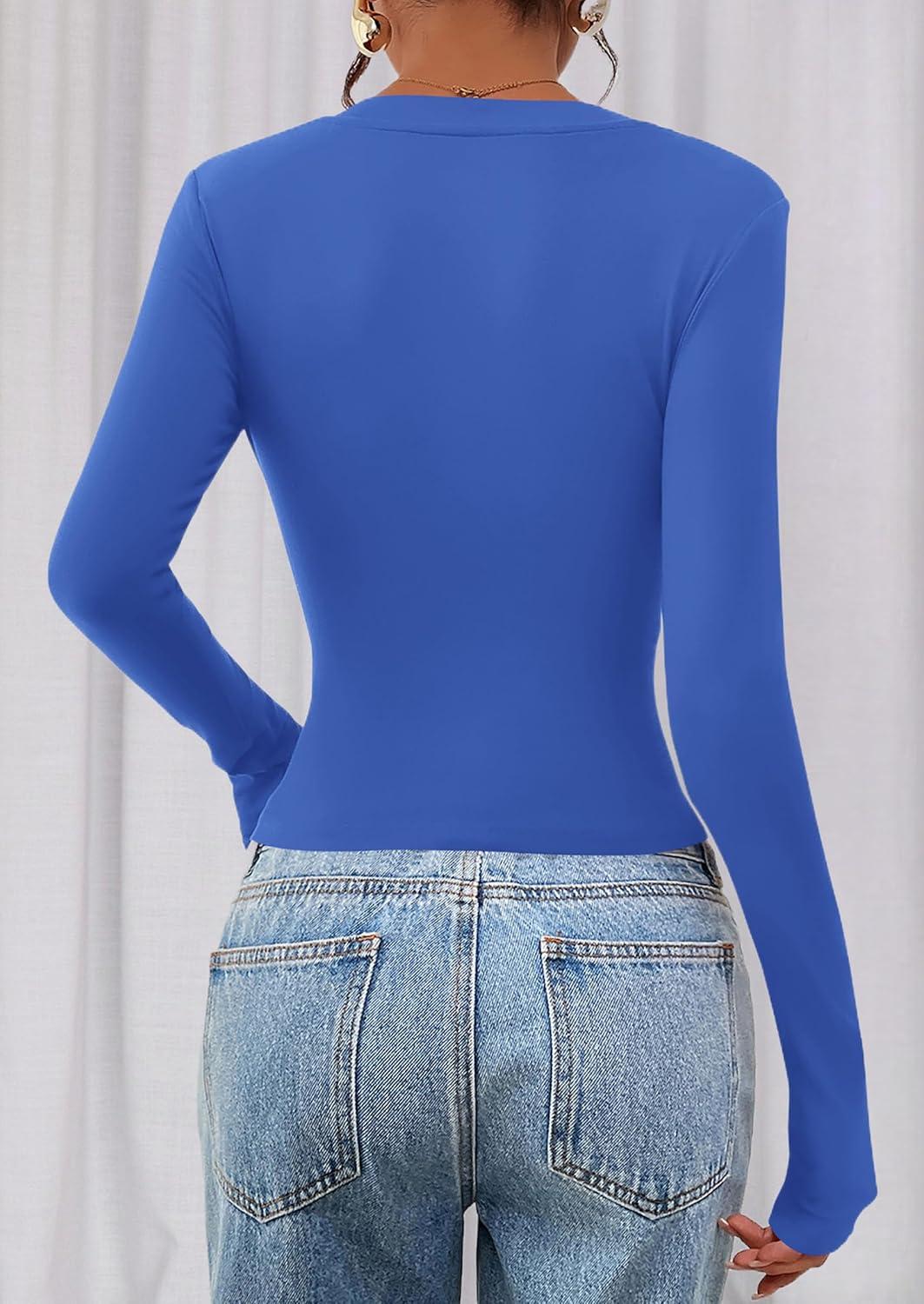 imagePRETTYGARDEN Womens Long Sleeve T Shirts 2026 Fall Trendy Deep V Neck Slim Fit Basic Crop Tops Casual Going Out TopBlue