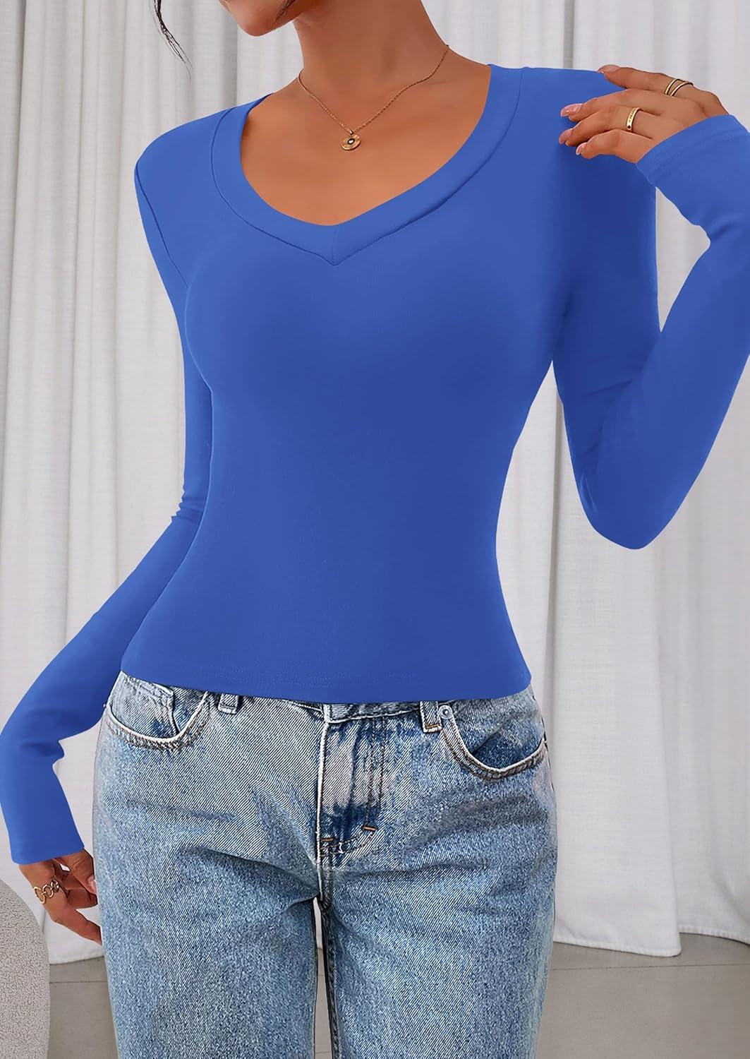 imagePRETTYGARDEN Womens Long Sleeve T Shirts 2026 Fall Trendy Deep V Neck Slim Fit Basic Crop Tops Casual Going Out TopBlue