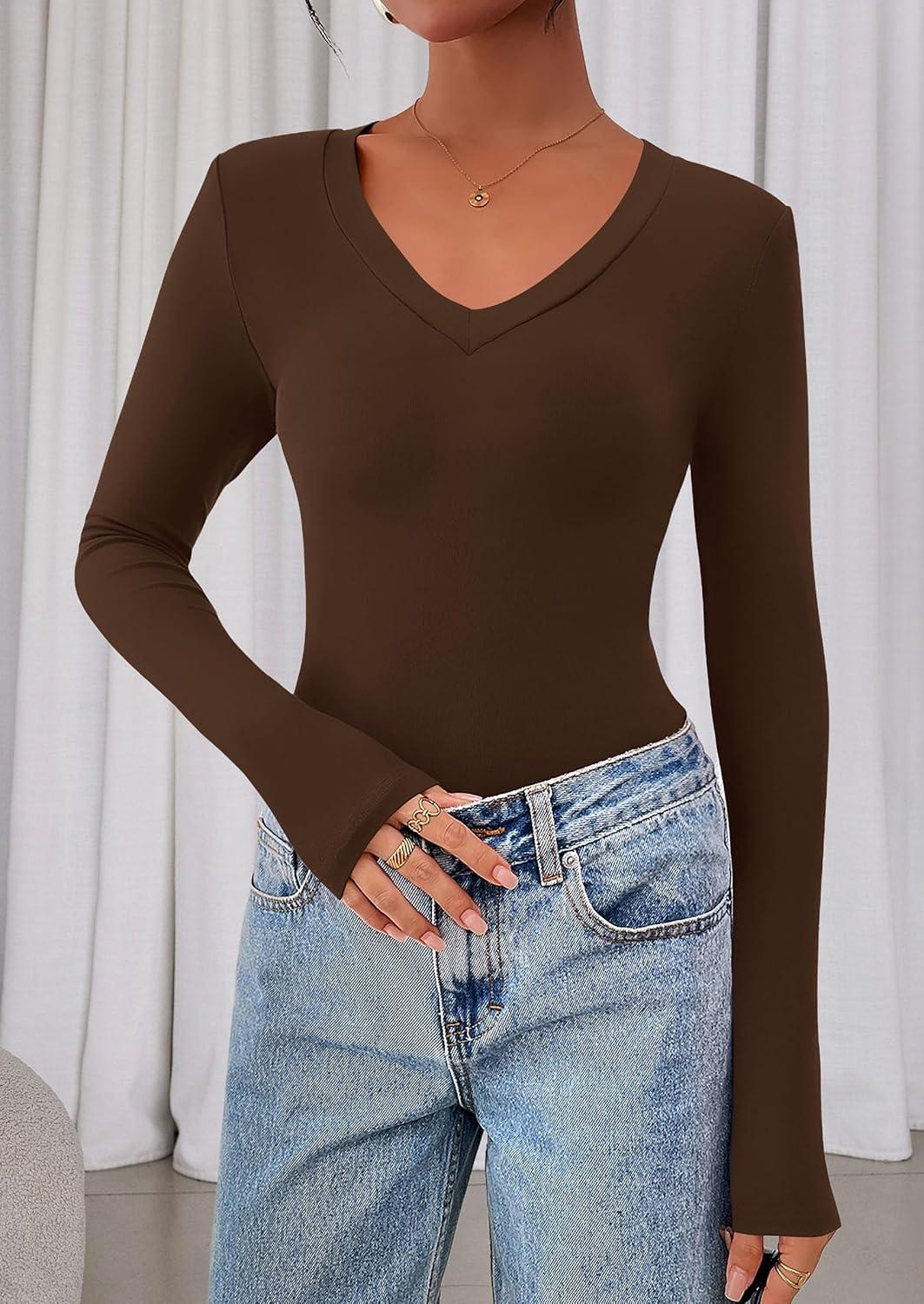 imagePRETTYGARDEN Womens Long Sleeve T Shirts 2026 Fall Trendy Deep V Neck Slim Fit Basic Crop Tops Casual Going Out TopBrown