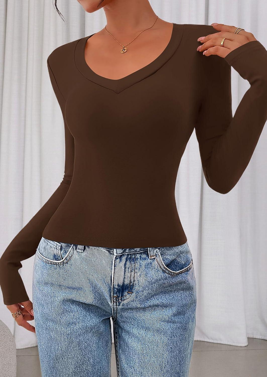 imagePRETTYGARDEN Womens Long Sleeve T Shirts 2026 Fall Trendy Deep V Neck Slim Fit Basic Crop Tops Casual Going Out TopBrown