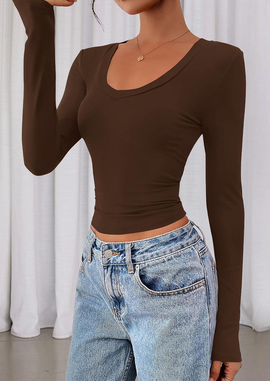 imagePRETTYGARDEN Womens Long Sleeve T Shirts 2026 Fall Trendy Deep V Neck Slim Fit Basic Crop Tops Casual Going Out TopBrown