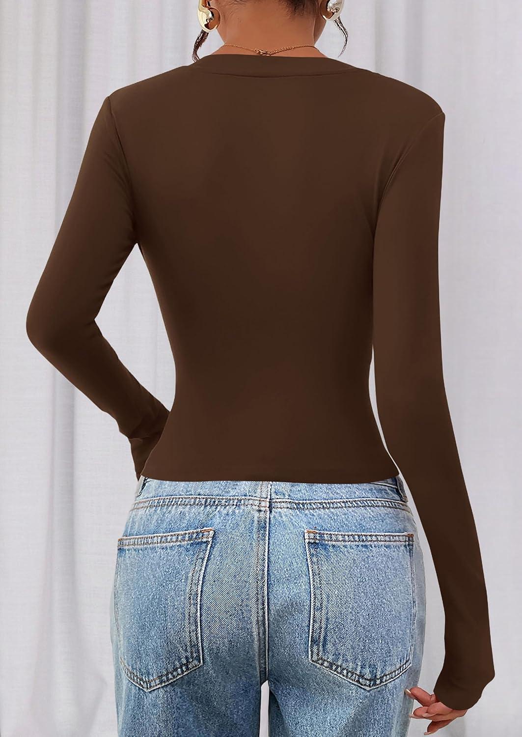 imagePRETTYGARDEN Womens Long Sleeve T Shirts 2026 Fall Trendy Deep V Neck Slim Fit Basic Crop Tops Casual Going Out TopBrown