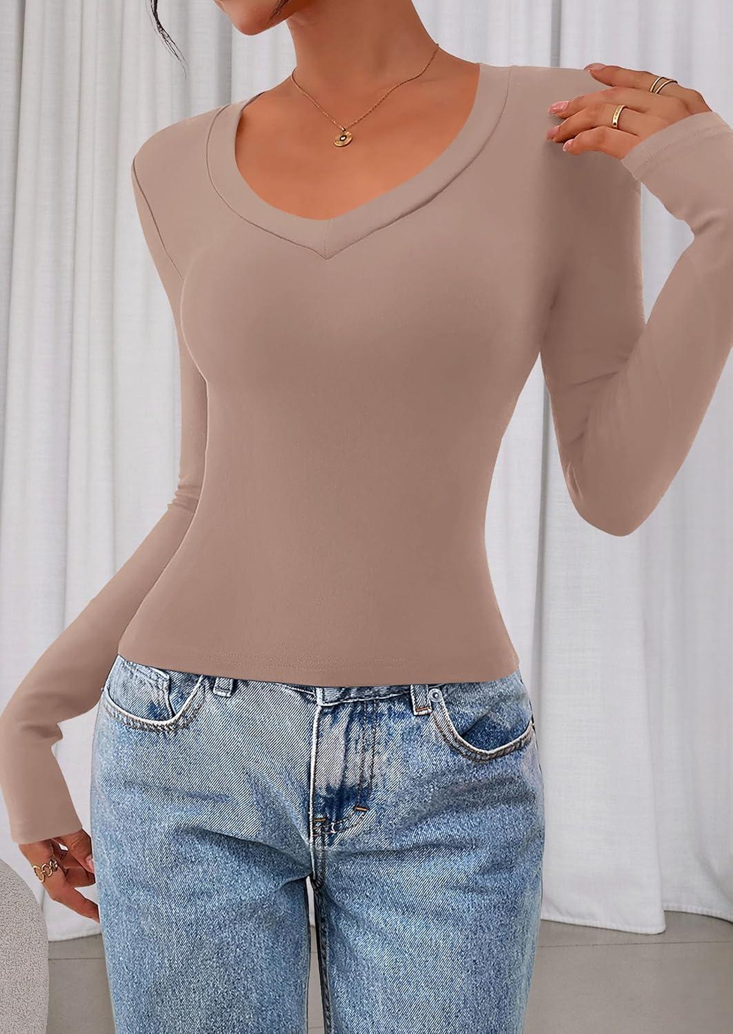 imagePRETTYGARDEN Womens Long Sleeve T Shirts 2026 Fall Trendy Deep V Neck Slim Fit Basic Crop Tops Casual Going Out TopCoffee