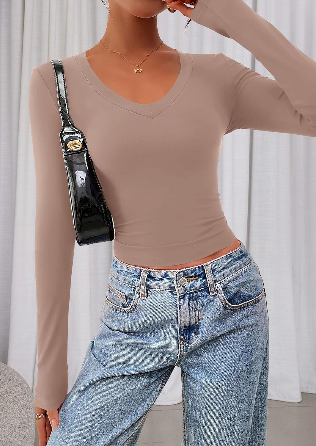 imagePRETTYGARDEN Womens Long Sleeve T Shirts 2026 Fall Trendy Deep V Neck Slim Fit Basic Crop Tops Casual Going Out TopCoffee