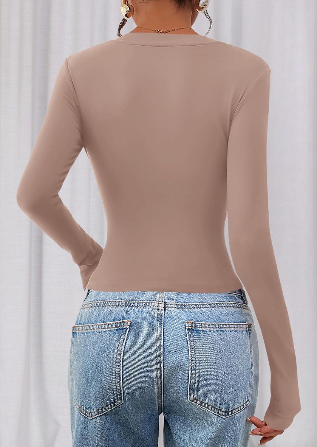 imagePRETTYGARDEN Womens Long Sleeve T Shirts 2026 Fall Trendy Deep V Neck Slim Fit Basic Crop Tops Casual Going Out TopCoffee