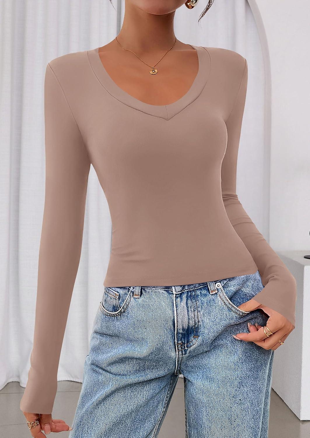 imagePRETTYGARDEN Womens Long Sleeve T Shirts 2026 Fall Trendy Deep V Neck Slim Fit Basic Crop Tops Casual Going Out TopCoffee