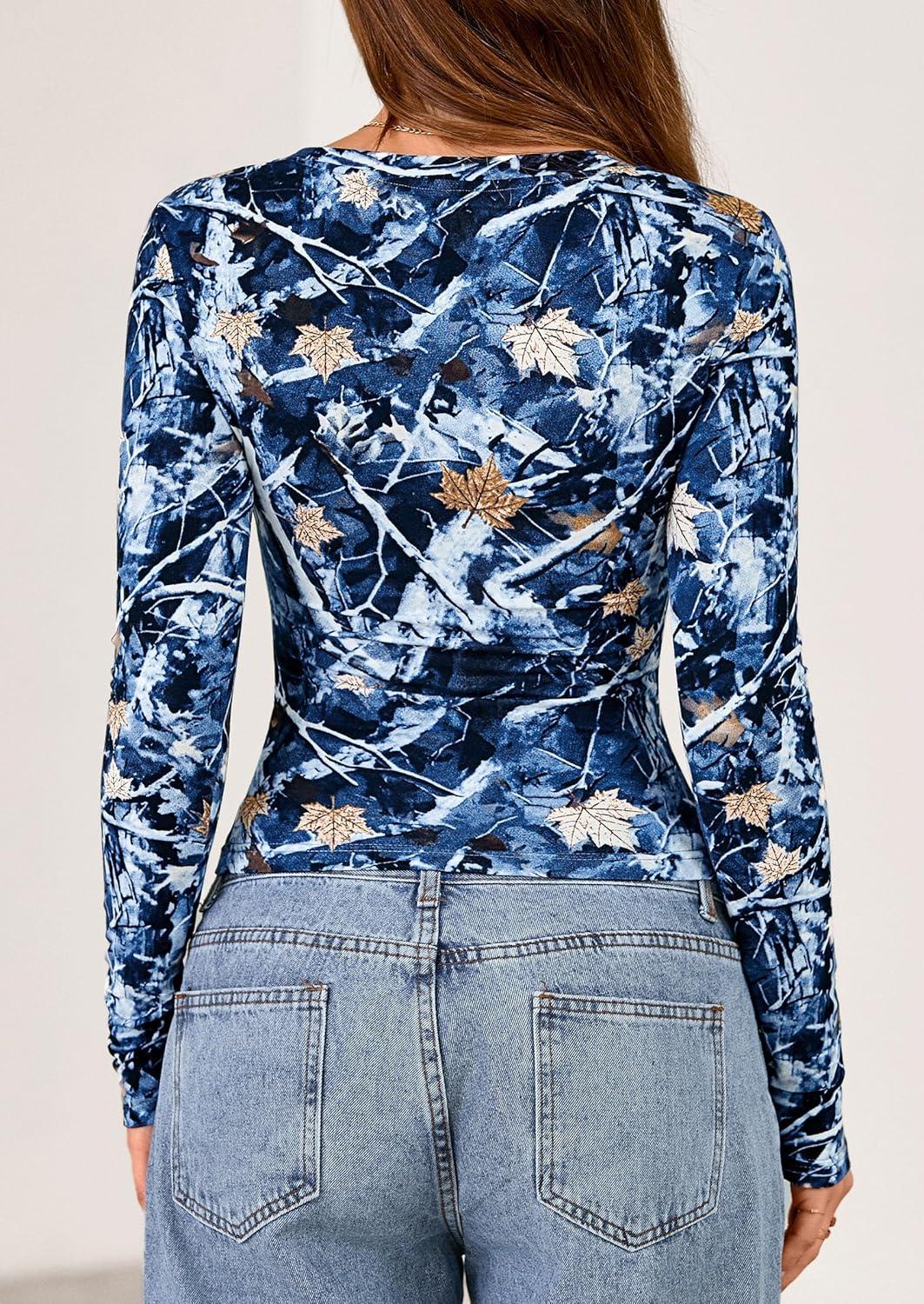 imagePRETTYGARDEN Womens Long Sleeve T Shirts 2026 Fall Trendy Deep V Neck Slim Fit Basic Crop Tops Casual Going Out TopDark Blue Floral