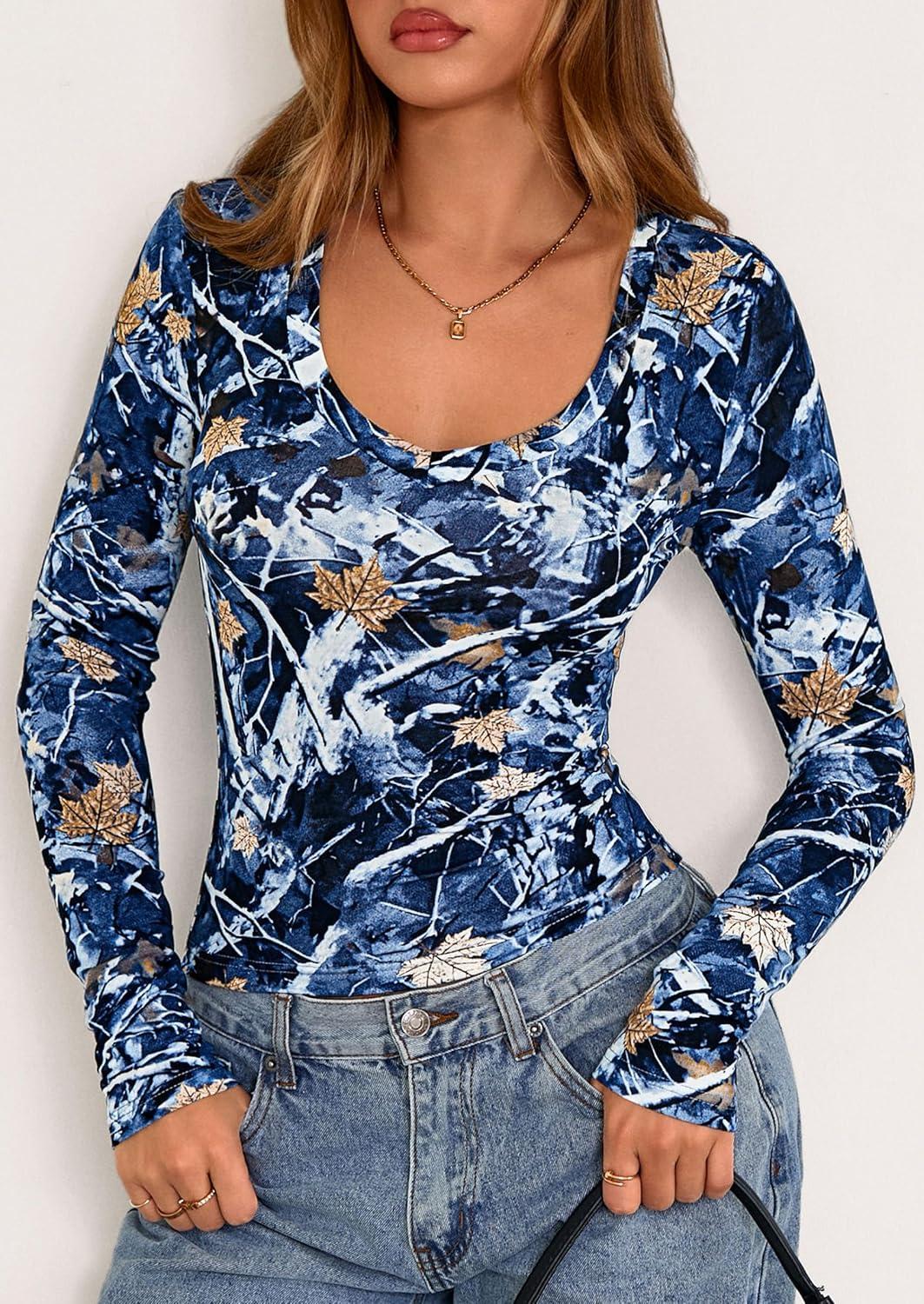 imagePRETTYGARDEN Womens Long Sleeve T Shirts 2026 Fall Trendy Deep V Neck Slim Fit Basic Crop Tops Casual Going Out TopDark Blue Floral