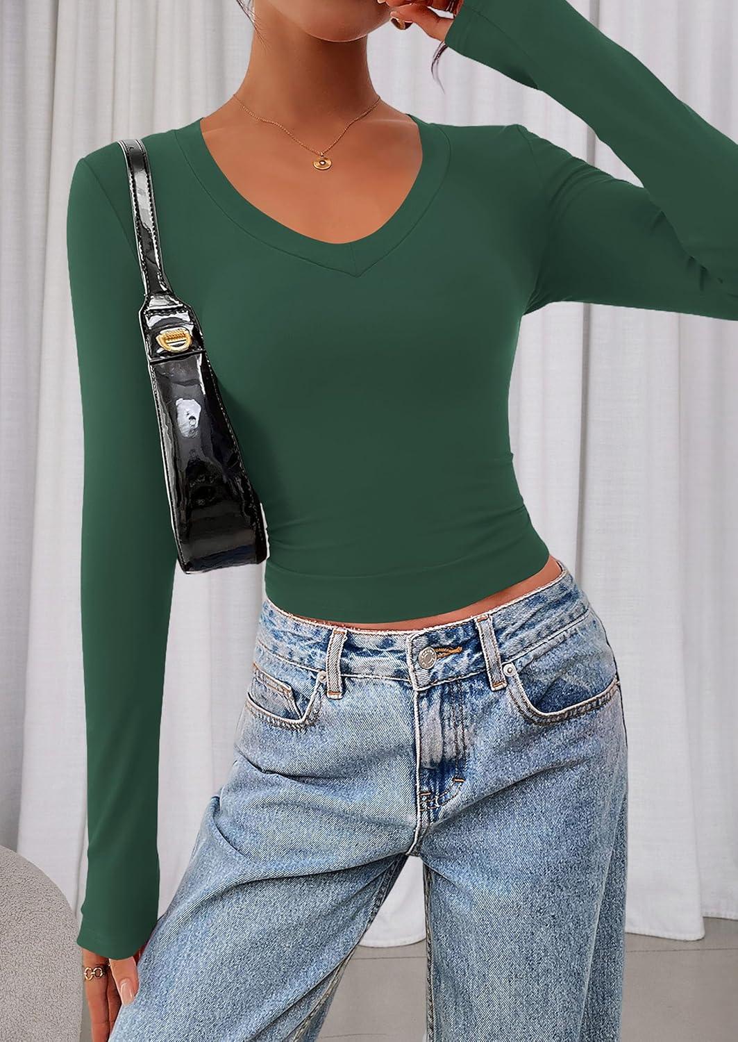 imagePRETTYGARDEN Womens Long Sleeve T Shirts 2026 Fall Trendy Deep V Neck Slim Fit Basic Crop Tops Casual Going Out TopDark Green