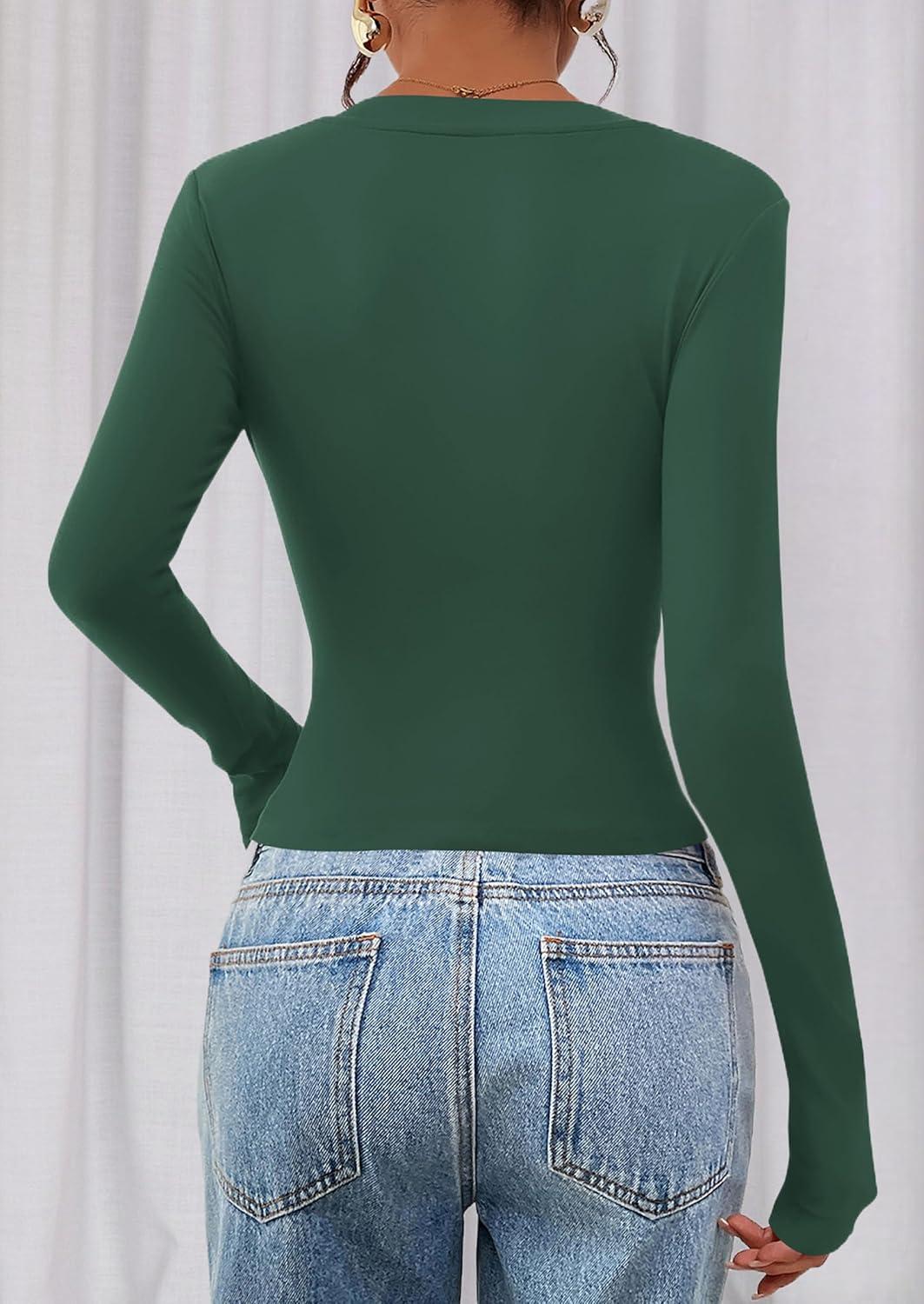 imagePRETTYGARDEN Womens Long Sleeve T Shirts 2026 Fall Trendy Deep V Neck Slim Fit Basic Crop Tops Casual Going Out TopDark Green