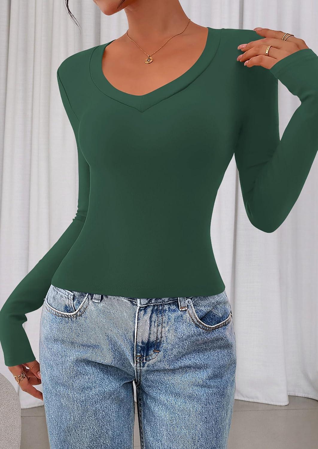 imagePRETTYGARDEN Womens Long Sleeve T Shirts 2026 Fall Trendy Deep V Neck Slim Fit Basic Crop Tops Casual Going Out TopDark Green