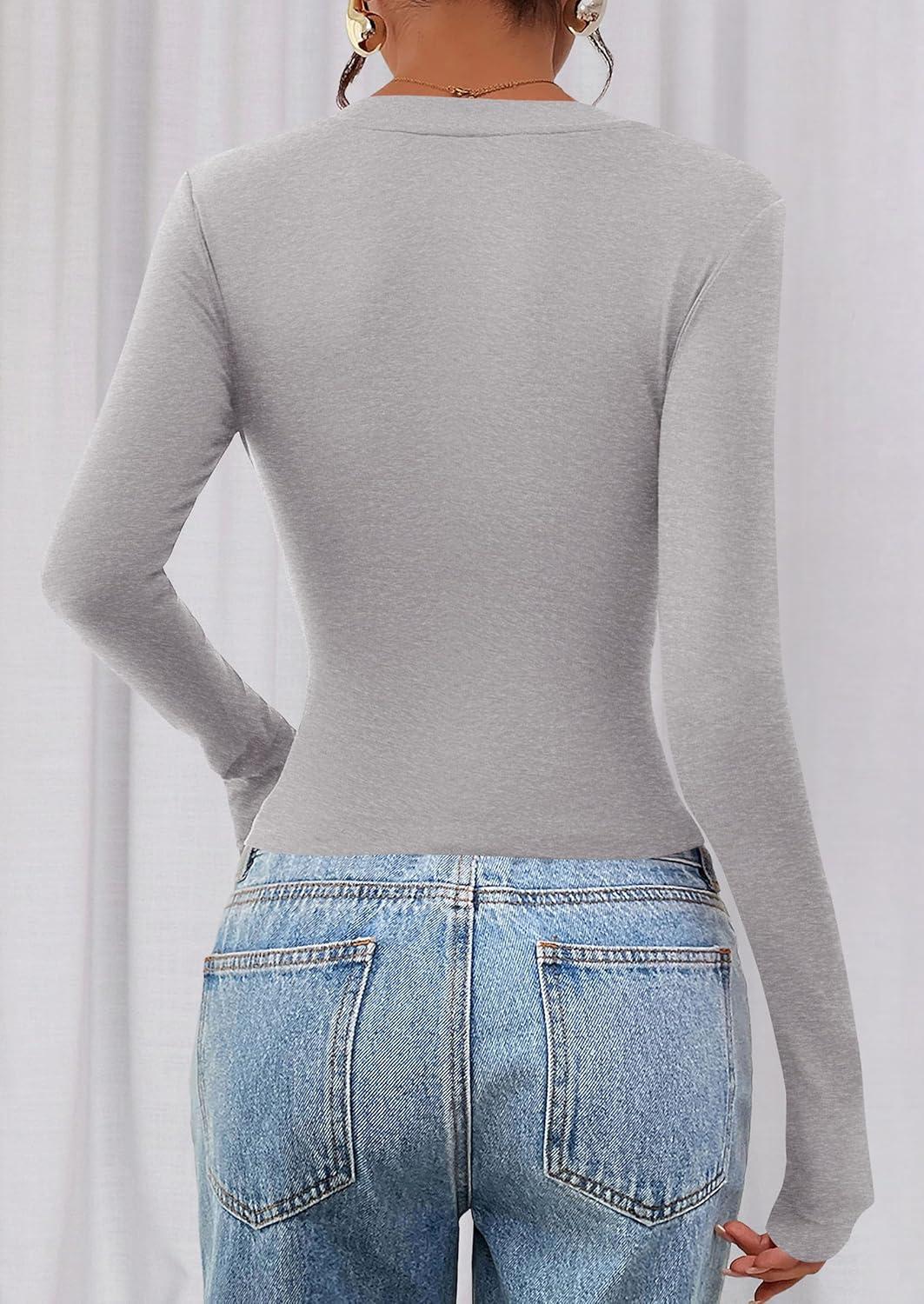 imagePRETTYGARDEN Womens Long Sleeve T Shirts 2026 Fall Trendy Deep V Neck Slim Fit Basic Crop Tops Casual Going Out TopGrey
