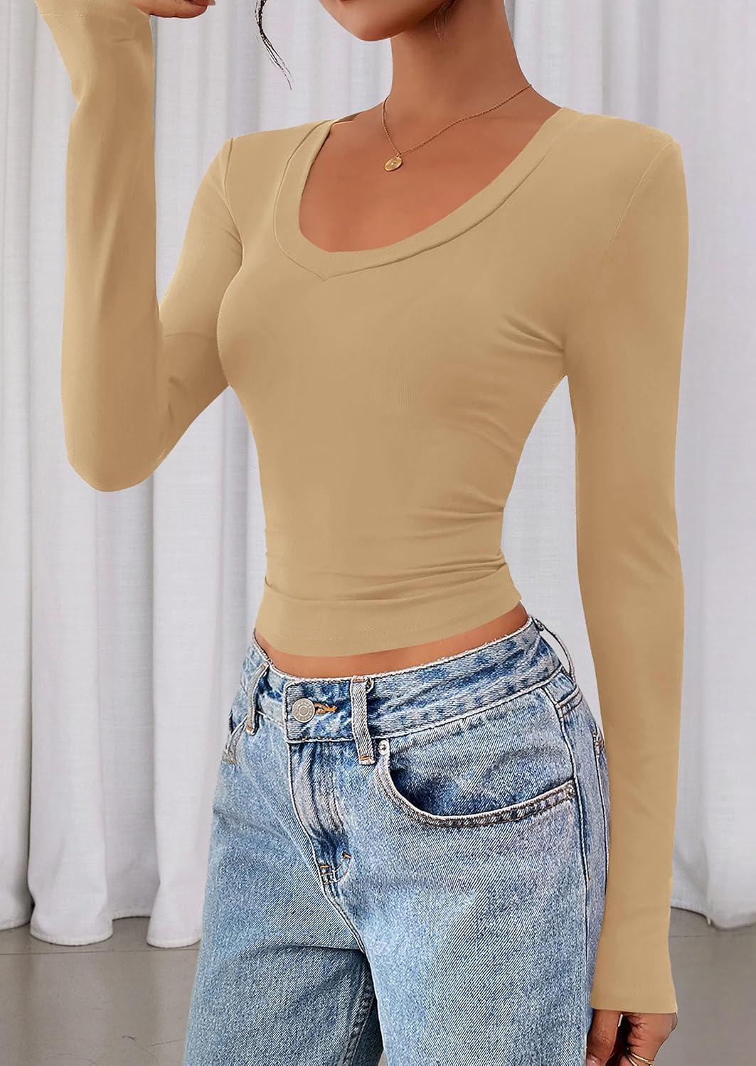 imagePRETTYGARDEN Womens Long Sleeve T Shirts 2026 Fall Trendy Deep V Neck Slim Fit Basic Crop Tops Casual Going Out TopKhaki