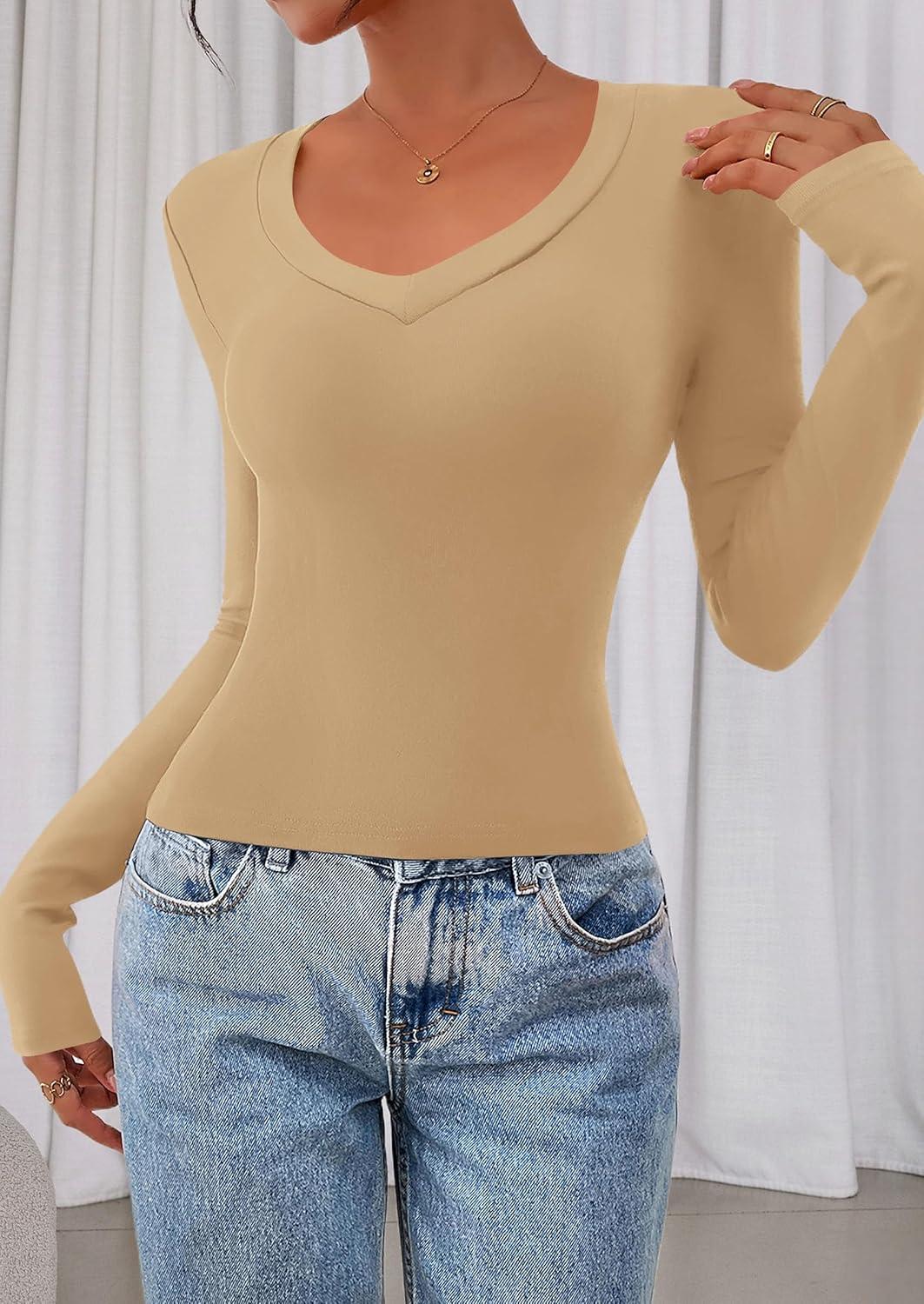 imagePRETTYGARDEN Womens Long Sleeve T Shirts 2026 Fall Trendy Deep V Neck Slim Fit Basic Crop Tops Casual Going Out TopKhaki
