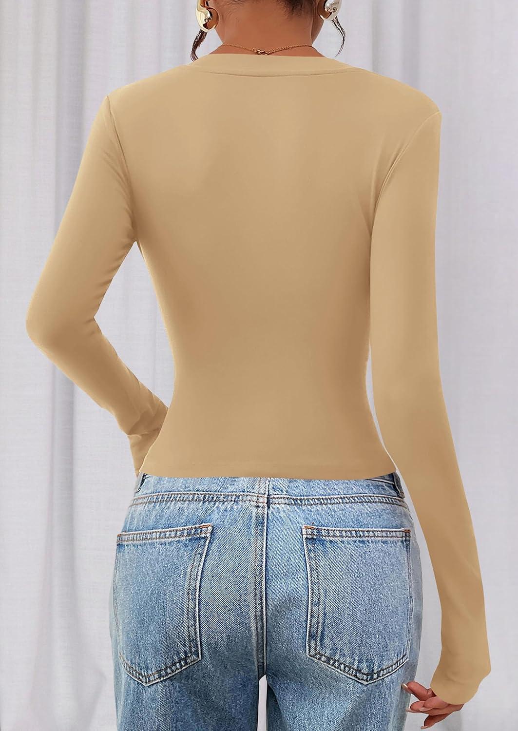 imagePRETTYGARDEN Womens Long Sleeve T Shirts 2026 Fall Trendy Deep V Neck Slim Fit Basic Crop Tops Casual Going Out TopKhaki