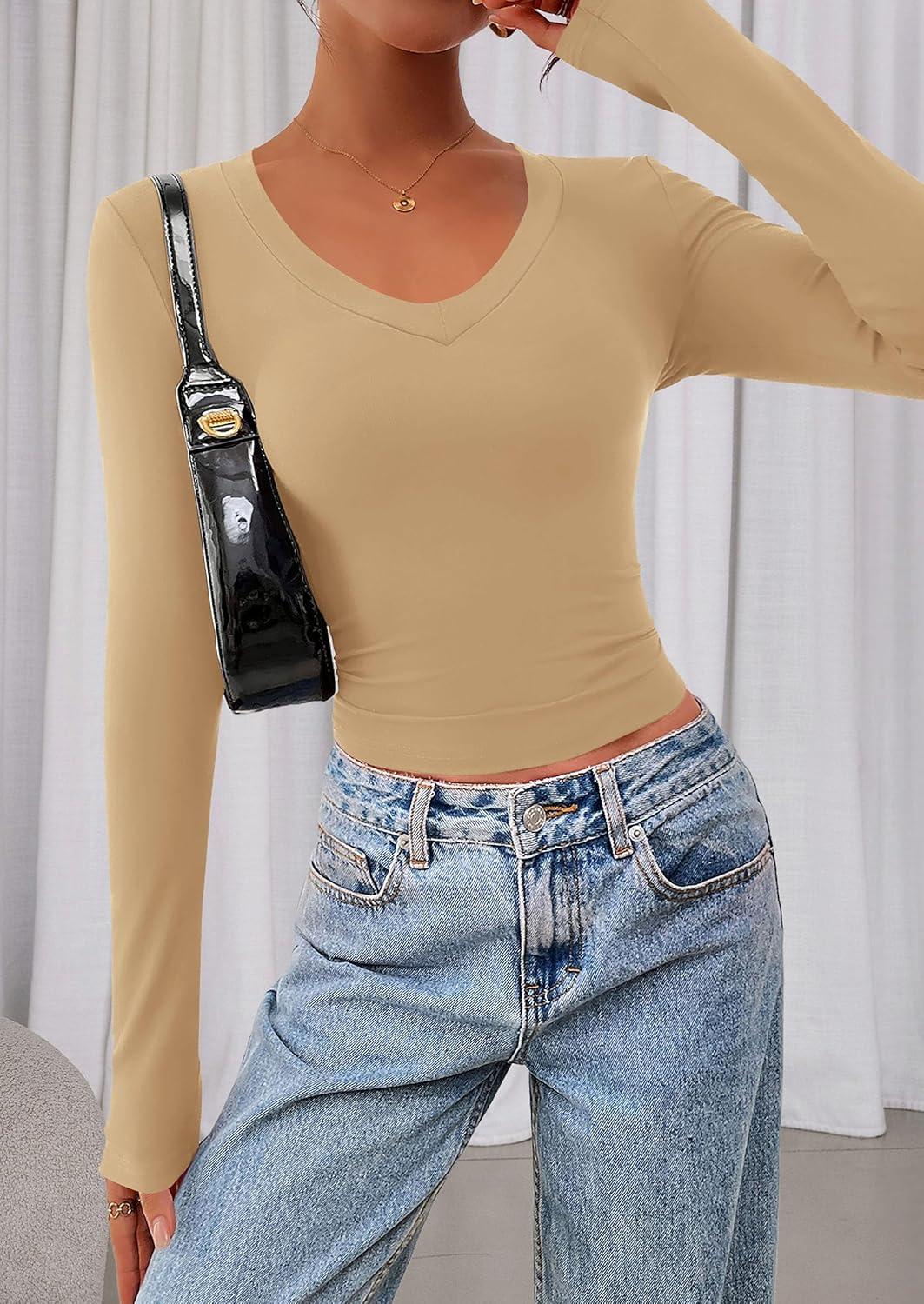 imagePRETTYGARDEN Womens Long Sleeve T Shirts 2026 Fall Trendy Deep V Neck Slim Fit Basic Crop Tops Casual Going Out TopKhaki
