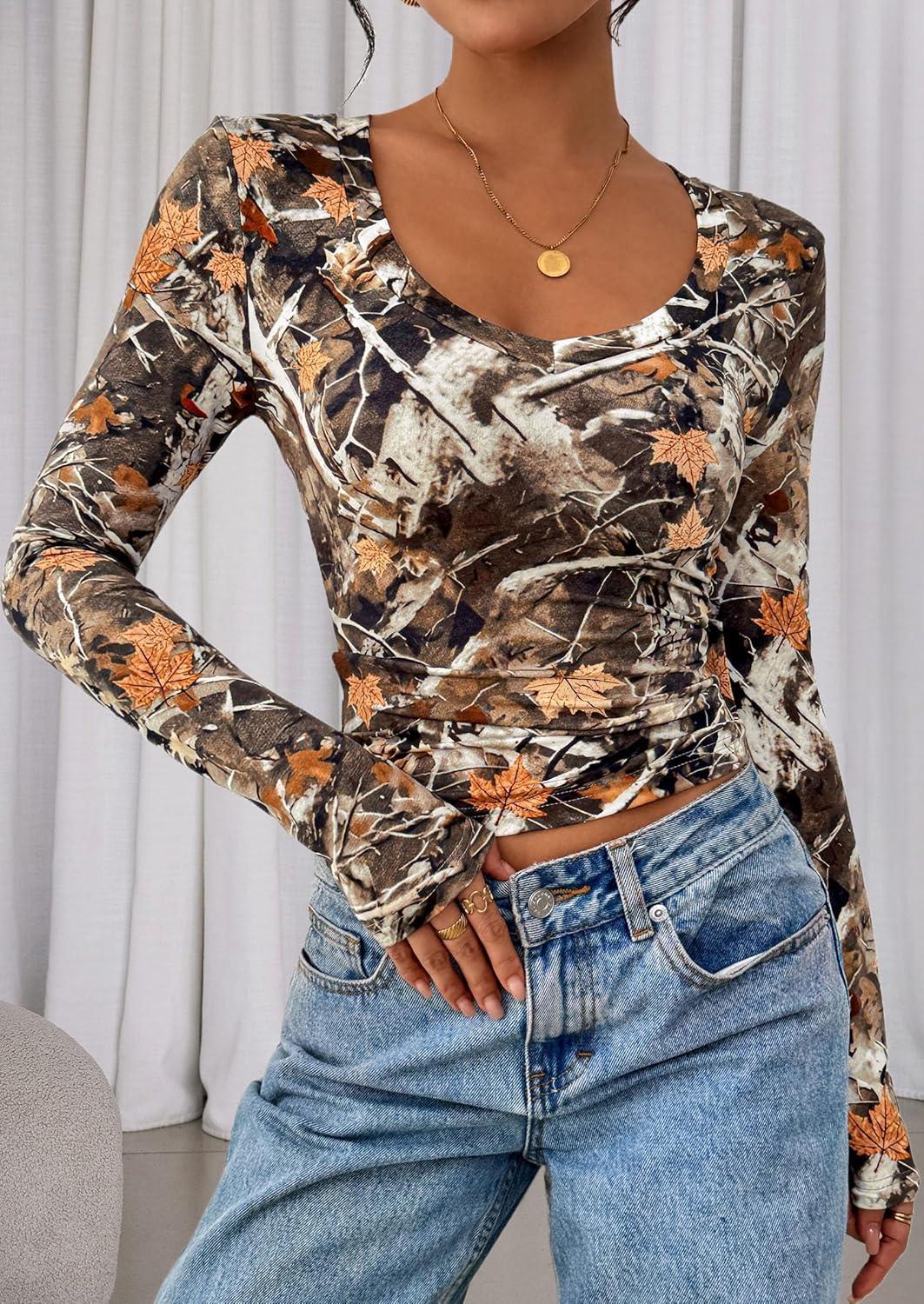 imagePRETTYGARDEN Womens Long Sleeve T Shirts 2026 Fall Trendy Deep V Neck Slim Fit Basic Crop Tops Casual Going Out TopKhaki Floral