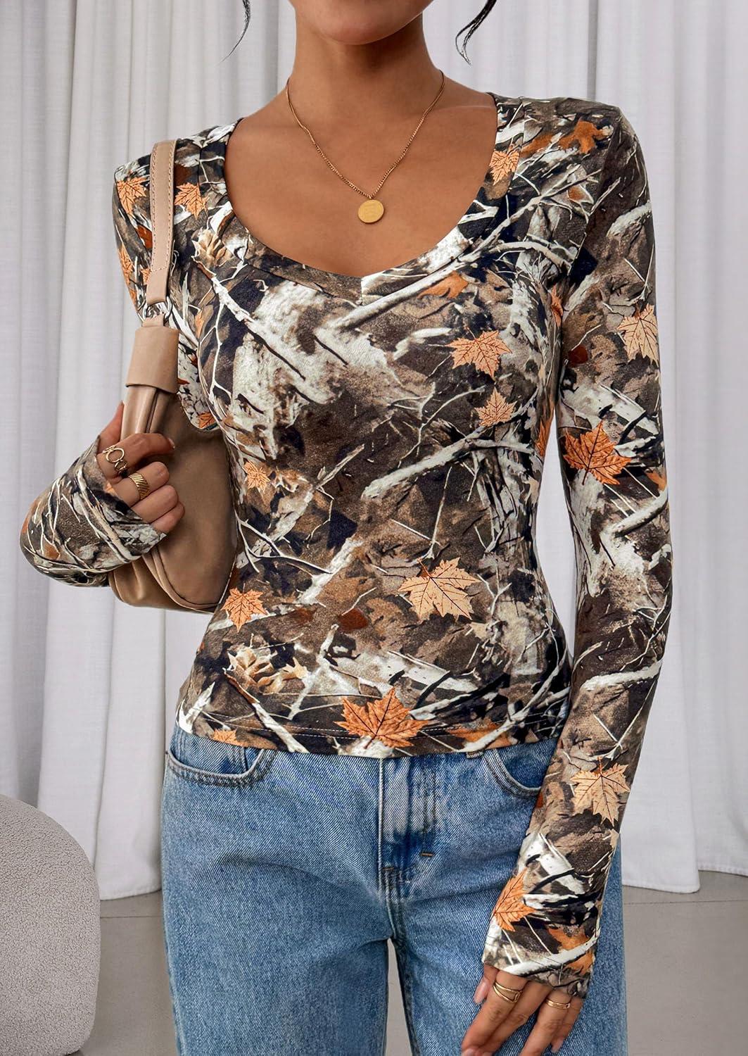 imagePRETTYGARDEN Womens Long Sleeve T Shirts 2026 Fall Trendy Deep V Neck Slim Fit Basic Crop Tops Casual Going Out TopKhaki Floral