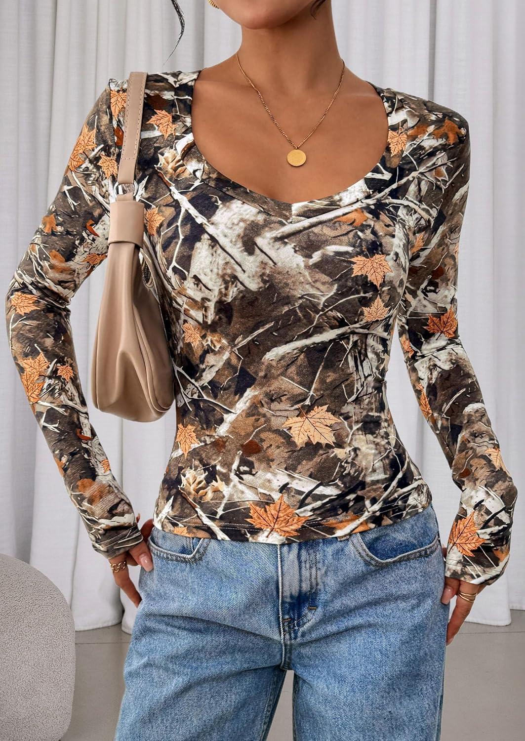 imagePRETTYGARDEN Womens Long Sleeve T Shirts 2026 Fall Trendy Deep V Neck Slim Fit Basic Crop Tops Casual Going Out TopKhaki Floral