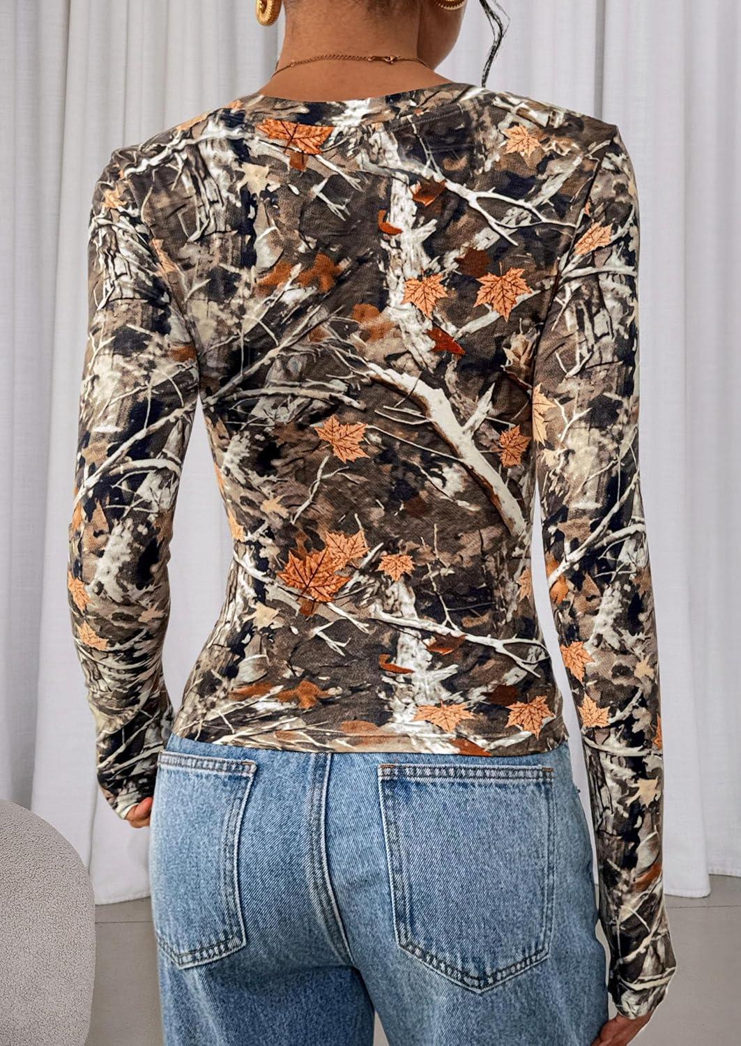 imagePRETTYGARDEN Womens Long Sleeve T Shirts 2026 Fall Trendy Deep V Neck Slim Fit Basic Crop Tops Casual Going Out TopKhaki Floral