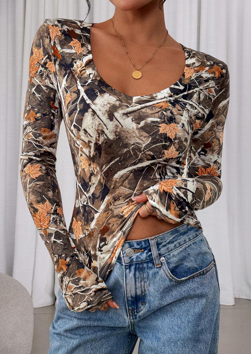 imagePRETTYGARDEN Womens Long Sleeve T Shirts 2026 Fall Trendy Deep V Neck Slim Fit Basic Crop Tops Casual Going Out TopKhaki Floral