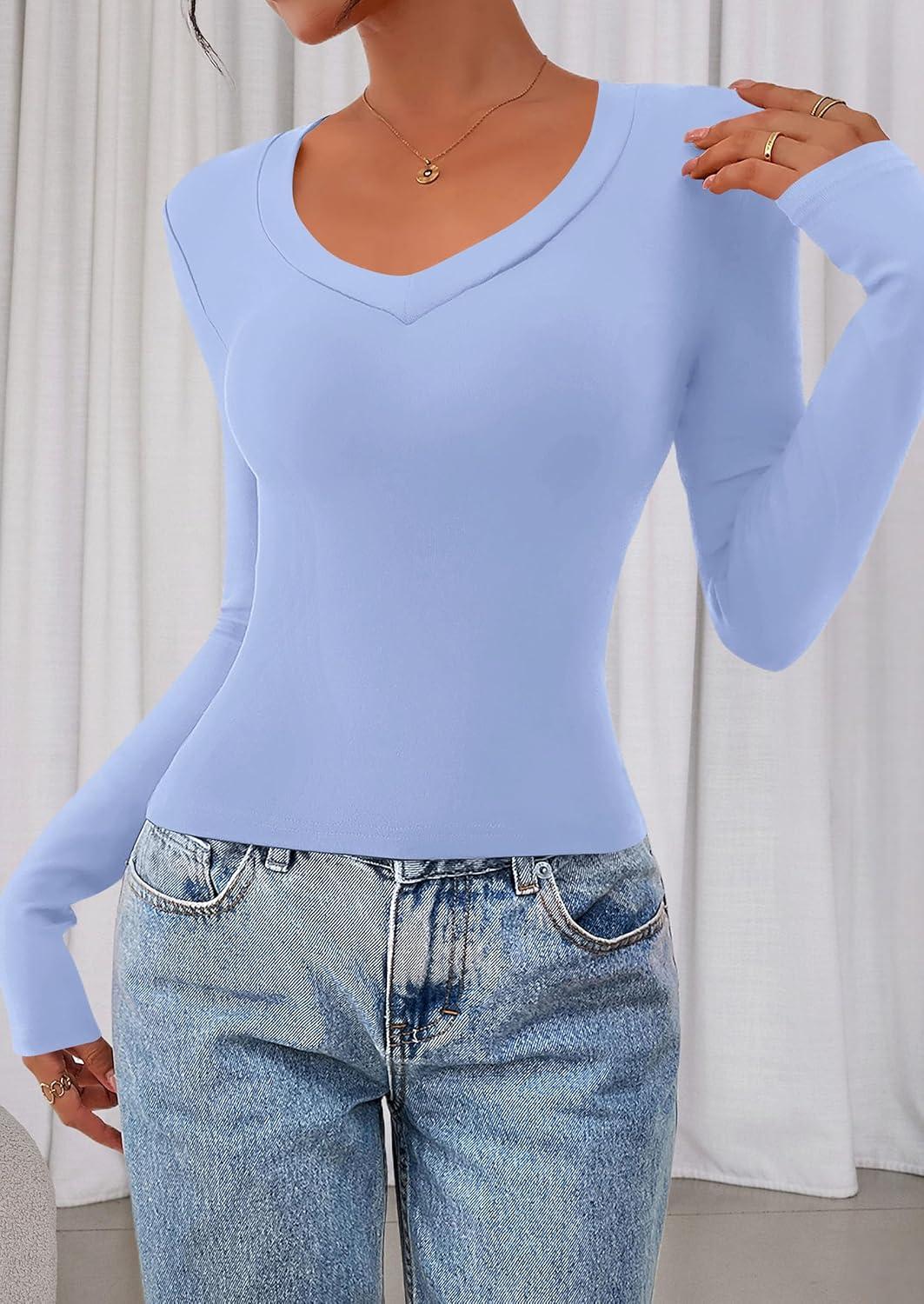 imagePRETTYGARDEN Womens Long Sleeve T Shirts 2026 Fall Trendy Deep V Neck Slim Fit Basic Crop Tops Casual Going Out TopLight Blue