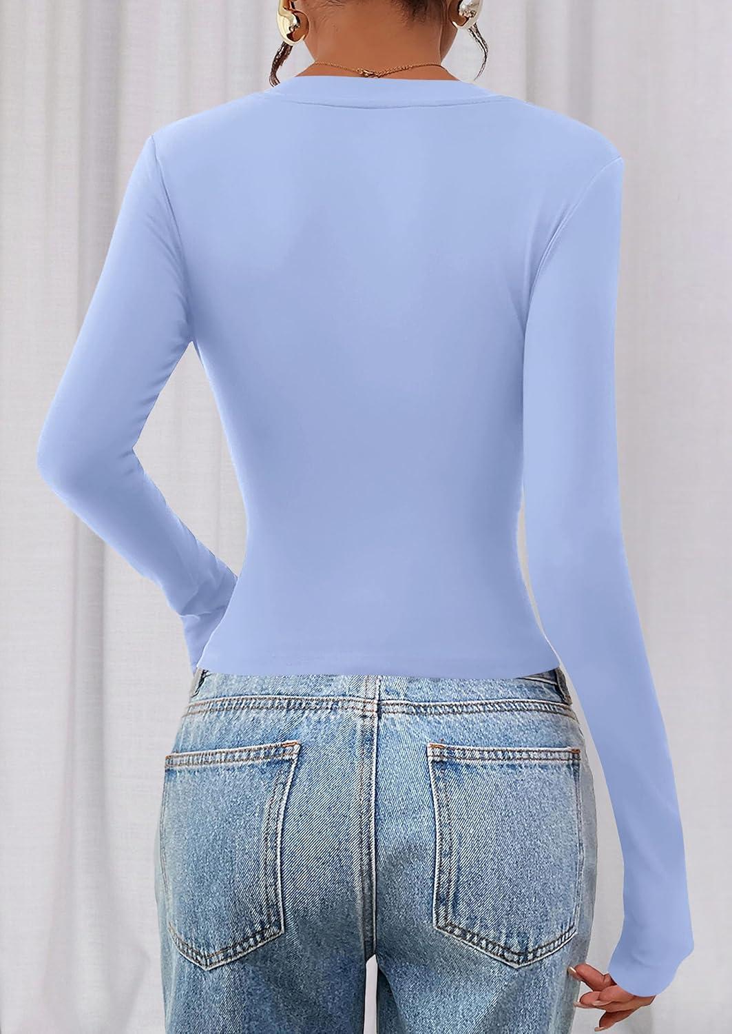 imagePRETTYGARDEN Womens Long Sleeve T Shirts 2026 Fall Trendy Deep V Neck Slim Fit Basic Crop Tops Casual Going Out TopLight Blue