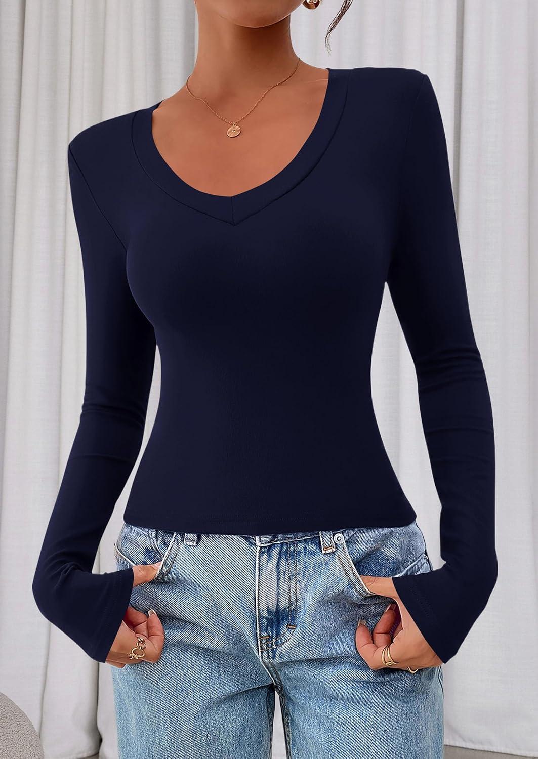 imagePRETTYGARDEN Womens Long Sleeve T Shirts 2026 Fall Trendy Deep V Neck Slim Fit Basic Crop Tops Casual Going Out TopNavy Blue