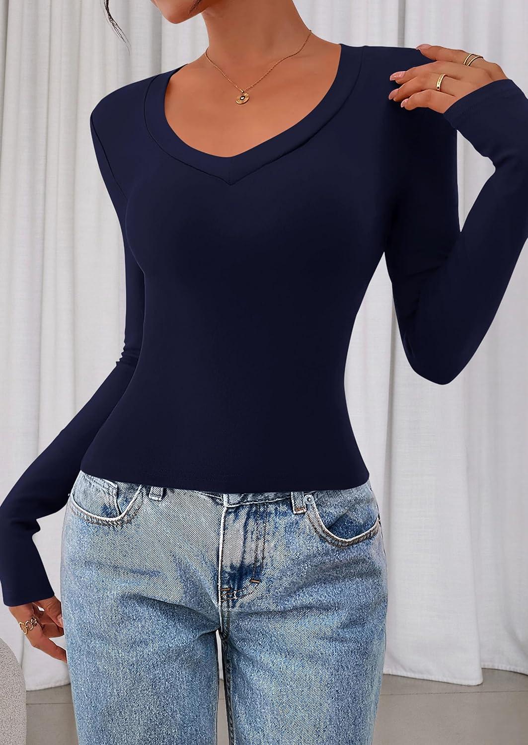 imagePRETTYGARDEN Womens Long Sleeve T Shirts 2026 Fall Trendy Deep V Neck Slim Fit Basic Crop Tops Casual Going Out TopNavy Blue