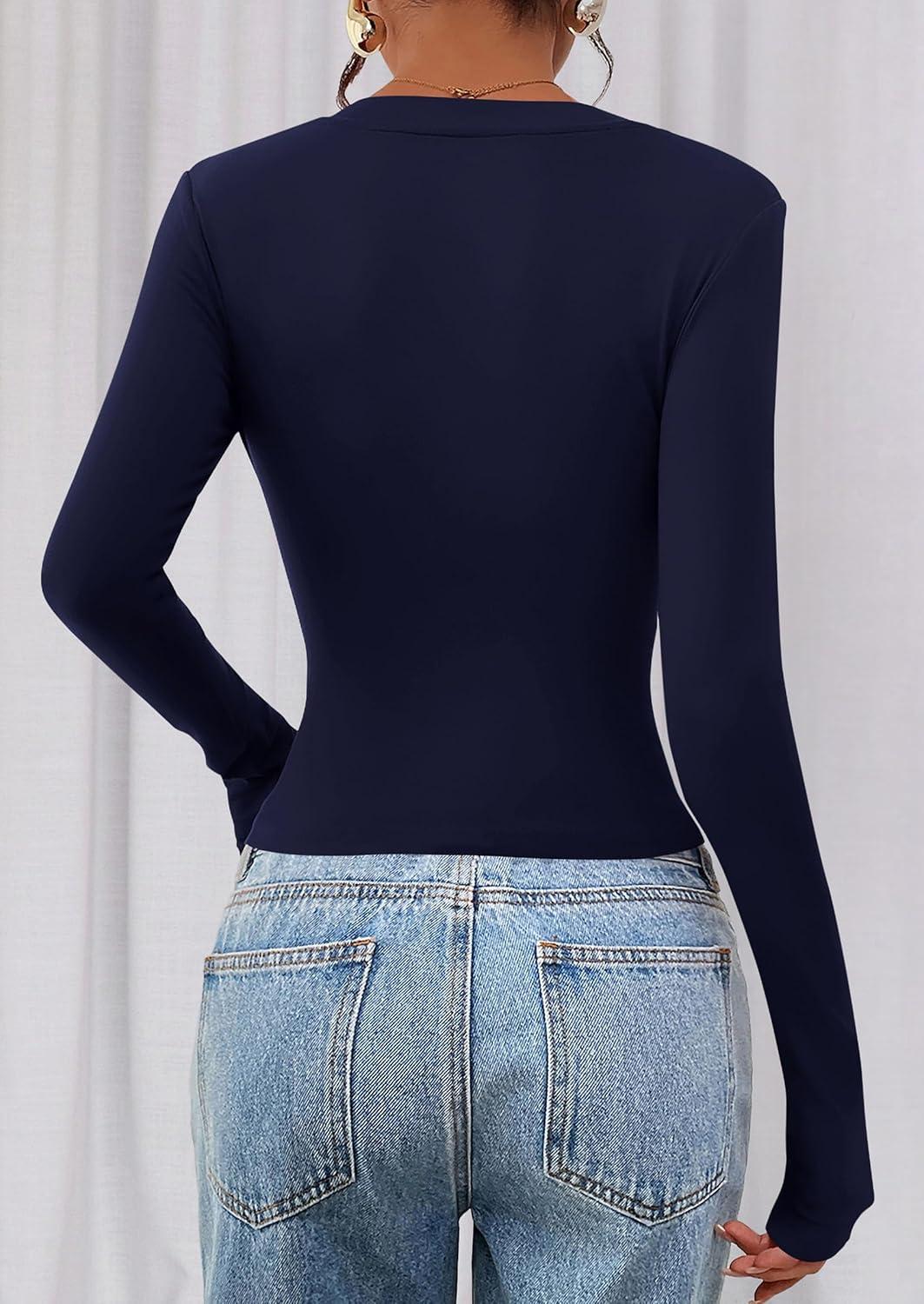 imagePRETTYGARDEN Womens Long Sleeve T Shirts 2026 Fall Trendy Deep V Neck Slim Fit Basic Crop Tops Casual Going Out TopNavy Blue