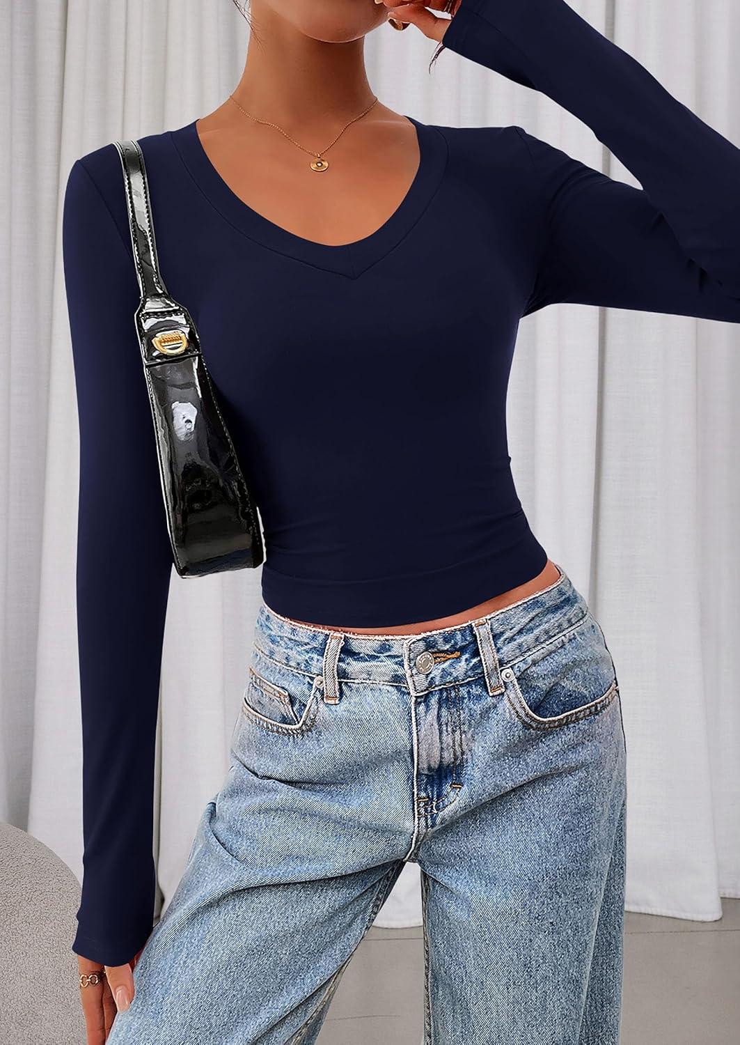 imagePRETTYGARDEN Womens Long Sleeve T Shirts 2026 Fall Trendy Deep V Neck Slim Fit Basic Crop Tops Casual Going Out TopNavy Blue