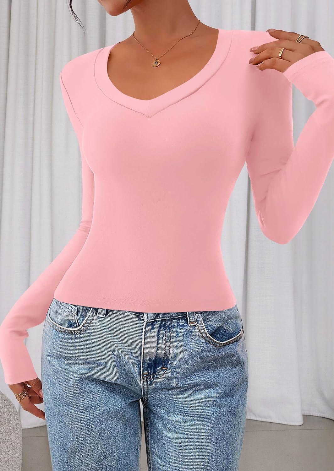 imagePRETTYGARDEN Womens Long Sleeve T Shirts 2026 Fall Trendy Deep V Neck Slim Fit Basic Crop Tops Casual Going Out TopPink
