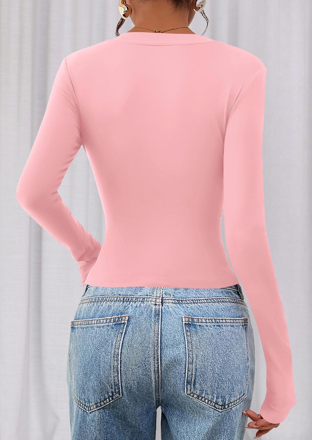 imagePRETTYGARDEN Womens Long Sleeve T Shirts 2026 Fall Trendy Deep V Neck Slim Fit Basic Crop Tops Casual Going Out TopPink