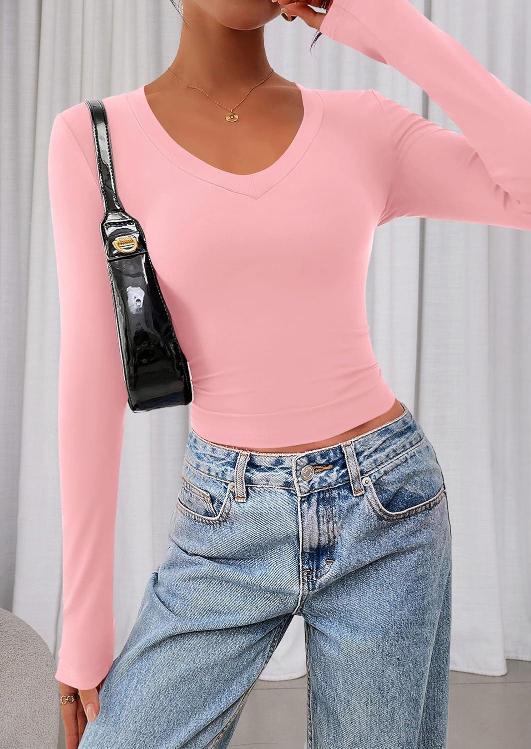 imagePRETTYGARDEN Womens Long Sleeve T Shirts 2026 Fall Trendy Deep V Neck Slim Fit Basic Crop Tops Casual Going Out TopPink