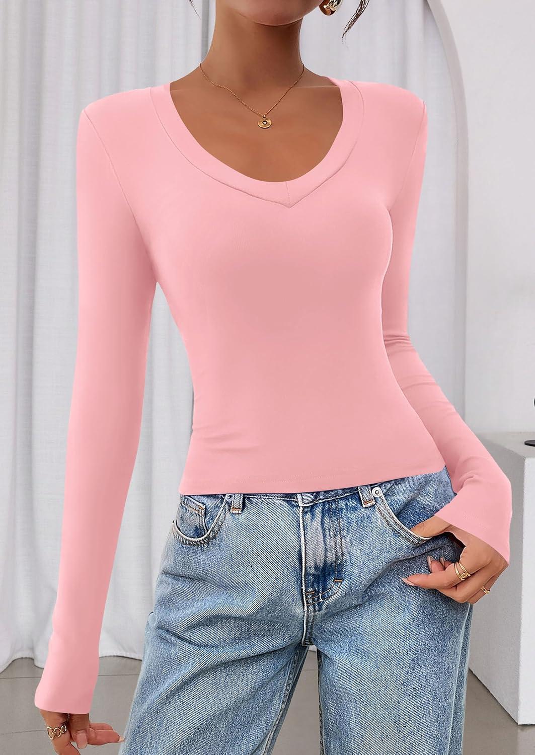 imagePRETTYGARDEN Womens Long Sleeve T Shirts 2026 Fall Trendy Deep V Neck Slim Fit Basic Crop Tops Casual Going Out TopPink