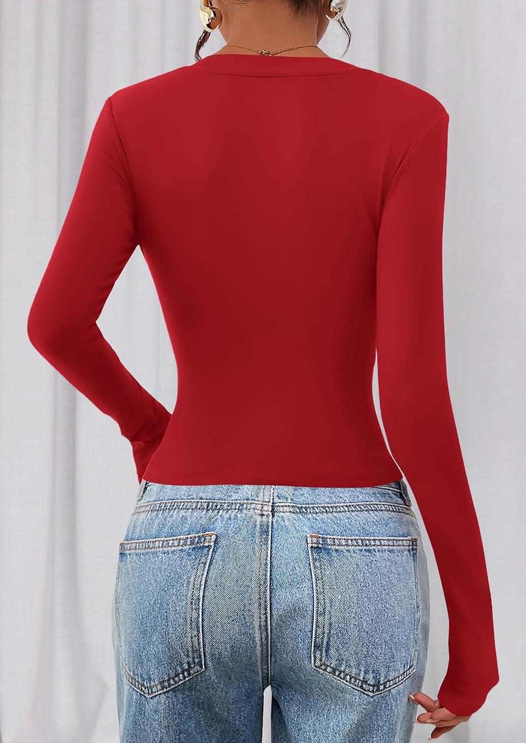 imagePRETTYGARDEN Womens Long Sleeve T Shirts 2026 Fall Trendy Deep V Neck Slim Fit Basic Crop Tops Casual Going Out TopRed