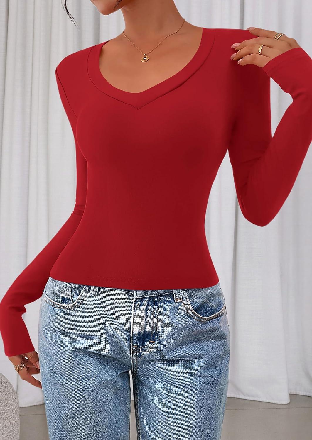 imagePRETTYGARDEN Womens Long Sleeve T Shirts 2026 Fall Trendy Deep V Neck Slim Fit Basic Crop Tops Casual Going Out TopRed