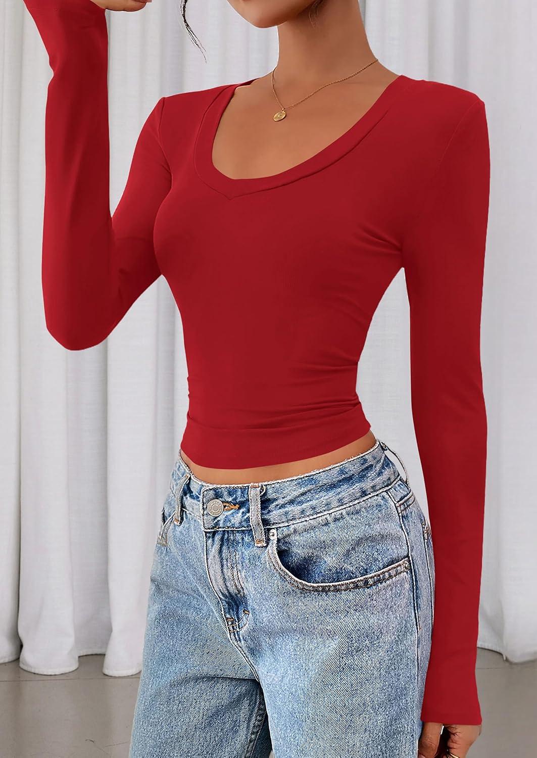 imagePRETTYGARDEN Womens Long Sleeve T Shirts 2026 Fall Trendy Deep V Neck Slim Fit Basic Crop Tops Casual Going Out TopRed