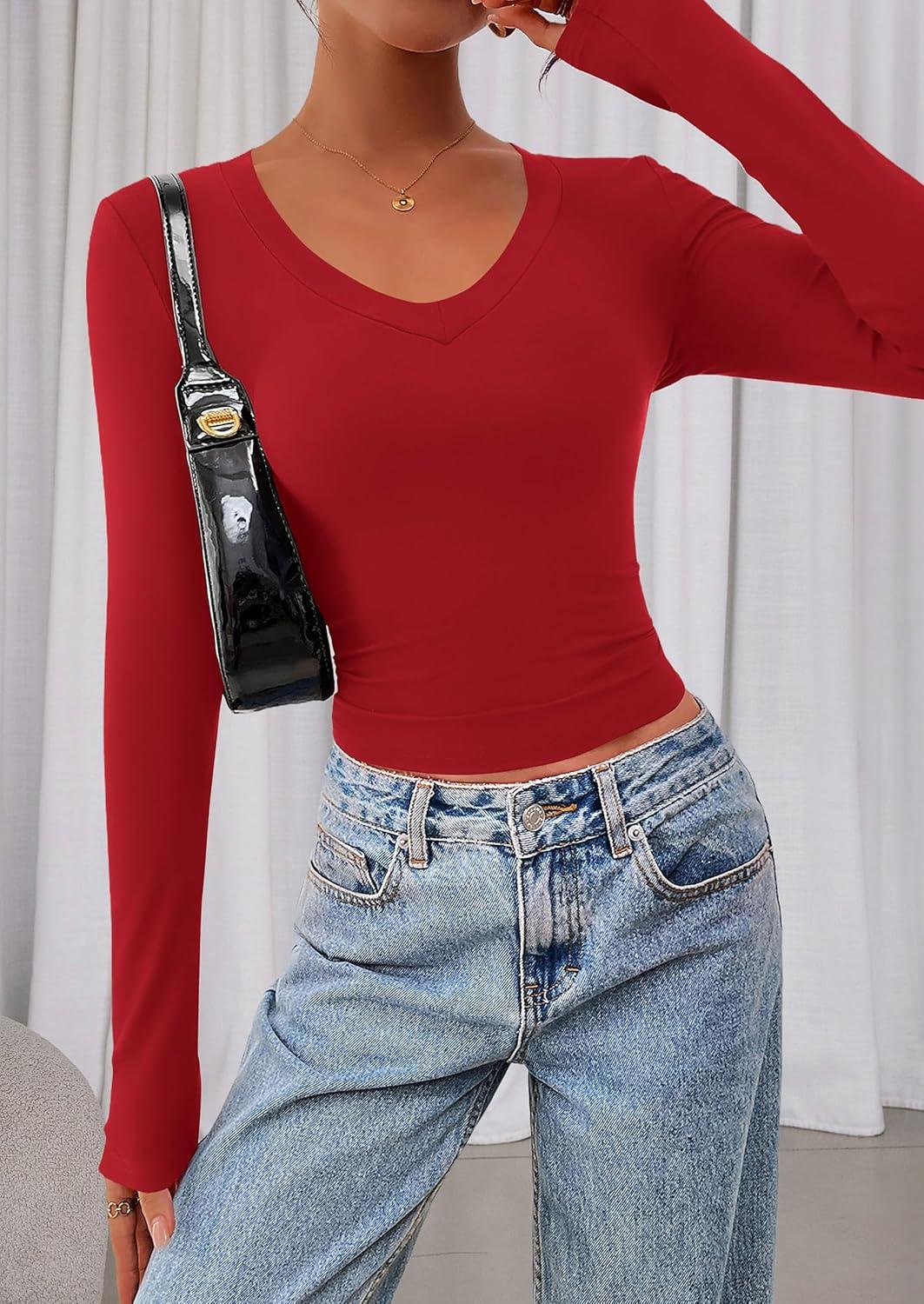 imagePRETTYGARDEN Womens Long Sleeve T Shirts 2026 Fall Trendy Deep V Neck Slim Fit Basic Crop Tops Casual Going Out TopRed