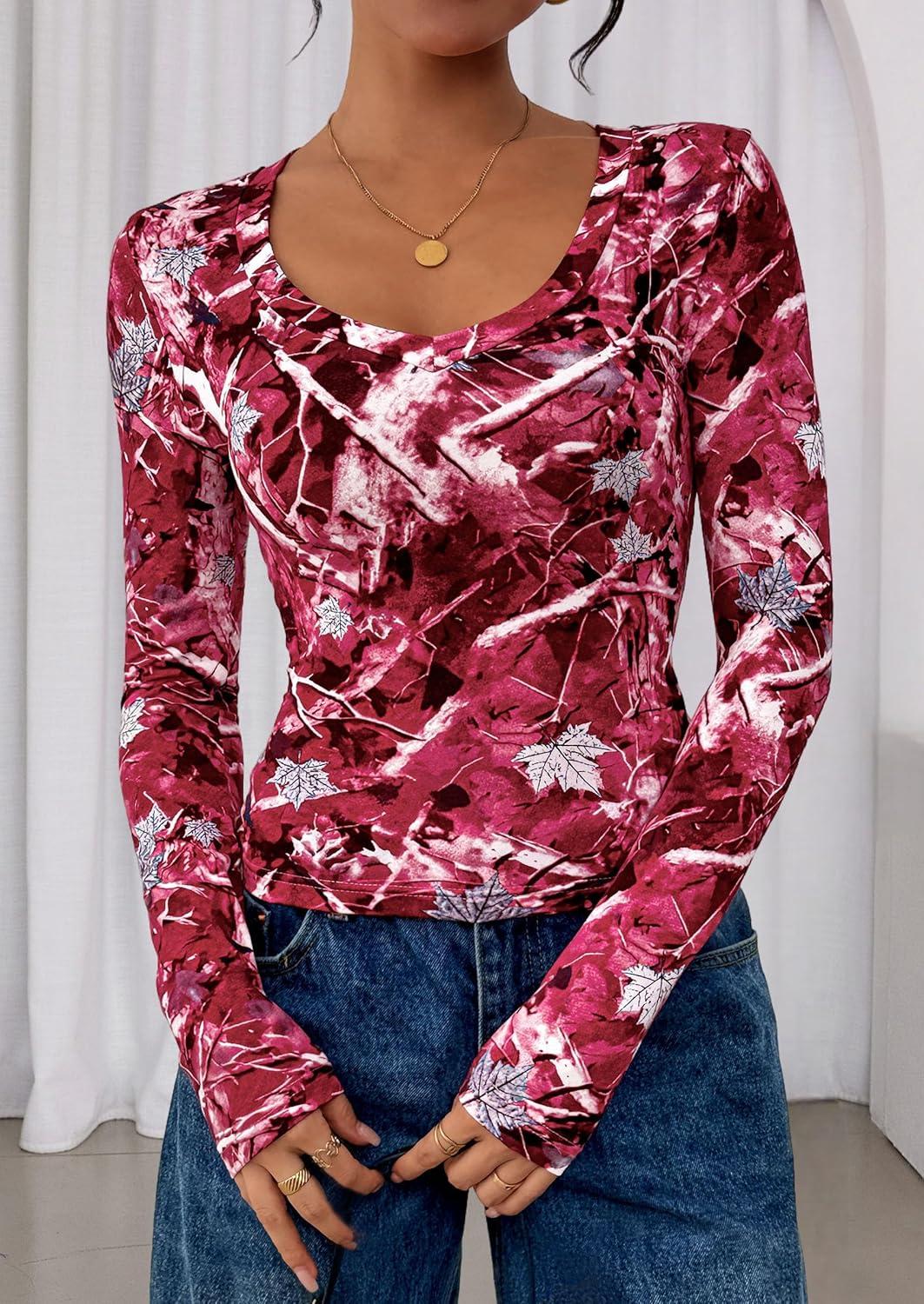 imagePRETTYGARDEN Womens Long Sleeve T Shirts 2026 Fall Trendy Deep V Neck Slim Fit Basic Crop Tops Casual Going Out TopRed Floral