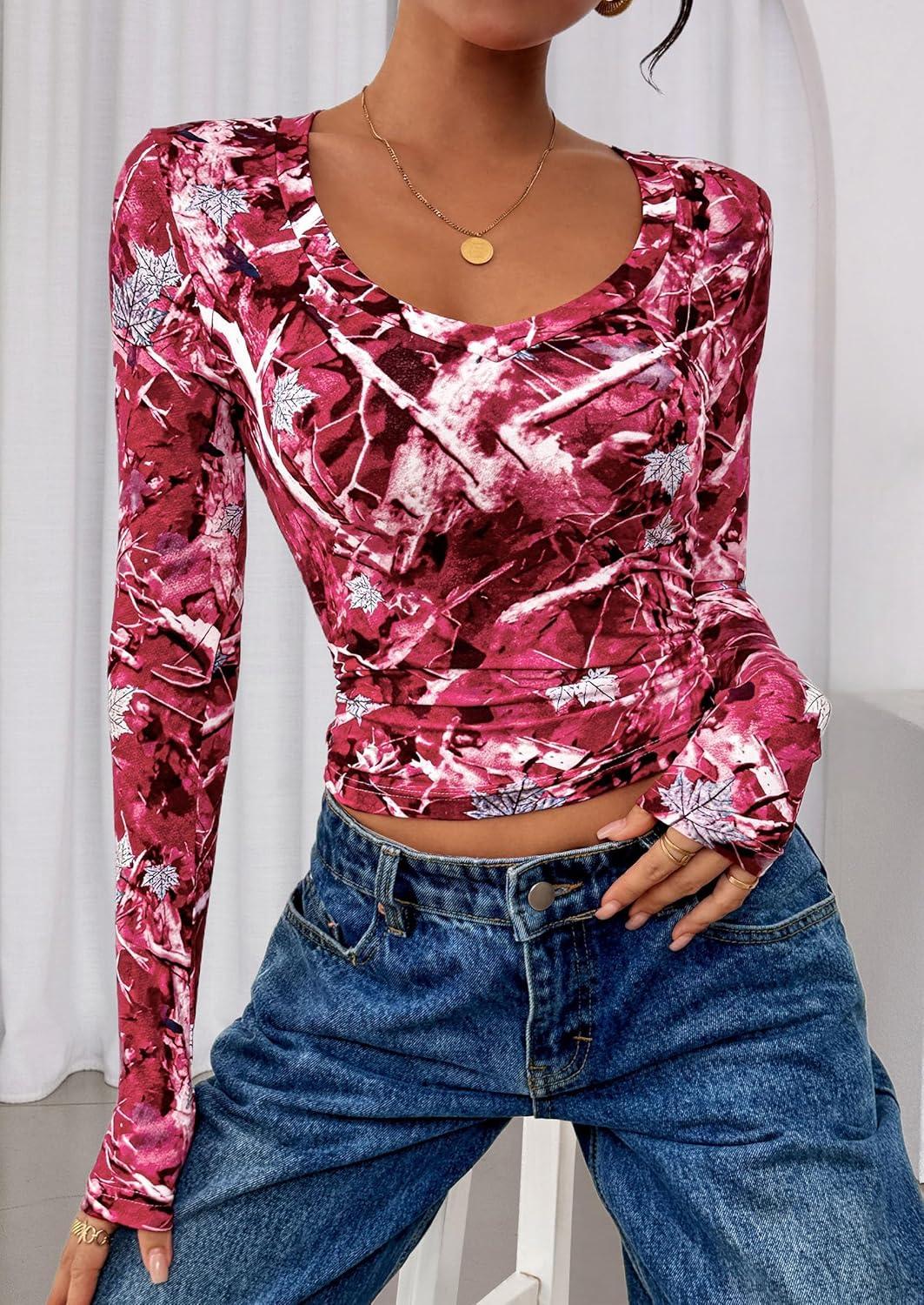 imagePRETTYGARDEN Womens Long Sleeve T Shirts 2026 Fall Trendy Deep V Neck Slim Fit Basic Crop Tops Casual Going Out TopRed Floral