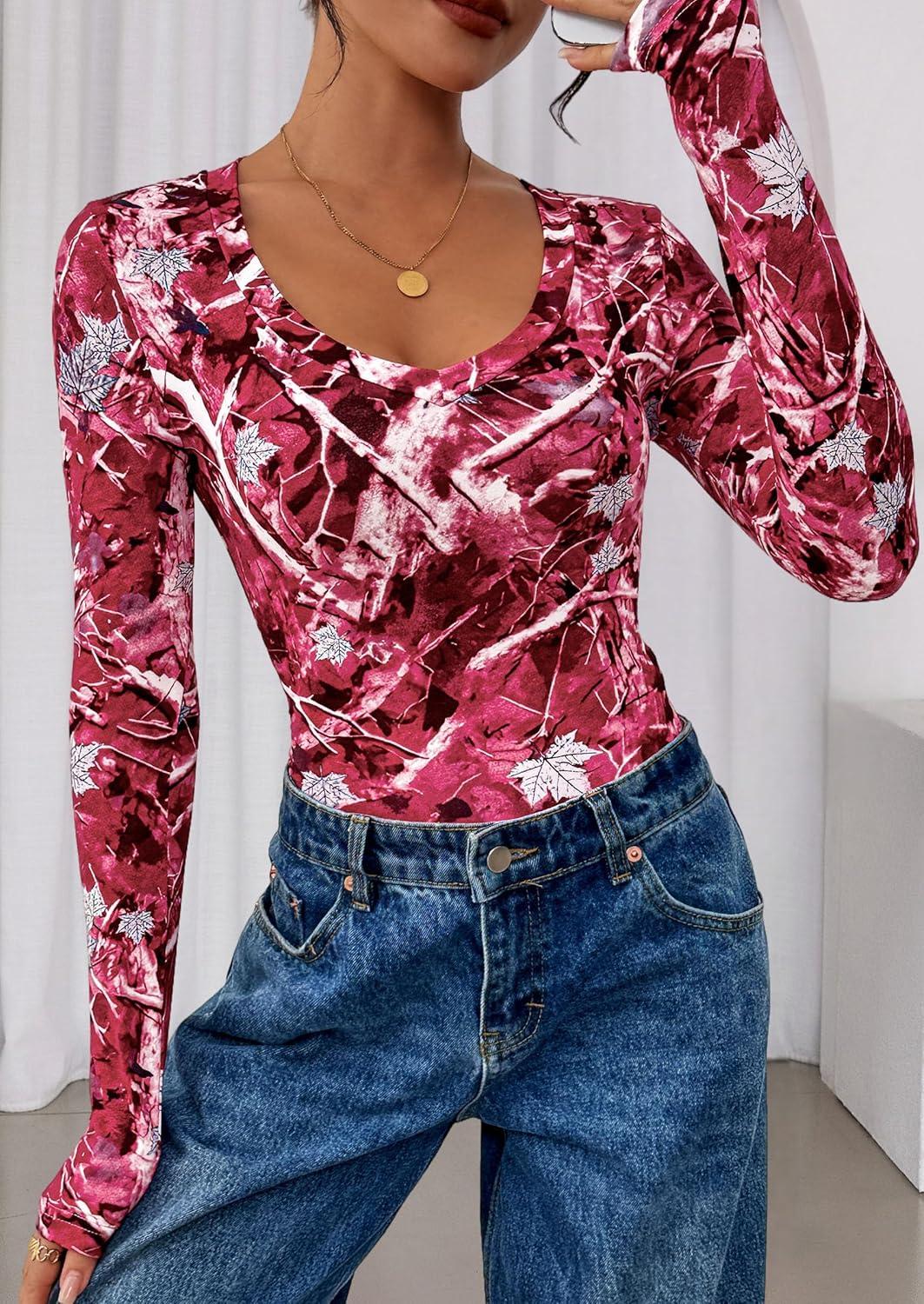 imagePRETTYGARDEN Womens Long Sleeve T Shirts 2026 Fall Trendy Deep V Neck Slim Fit Basic Crop Tops Casual Going Out TopRed Floral