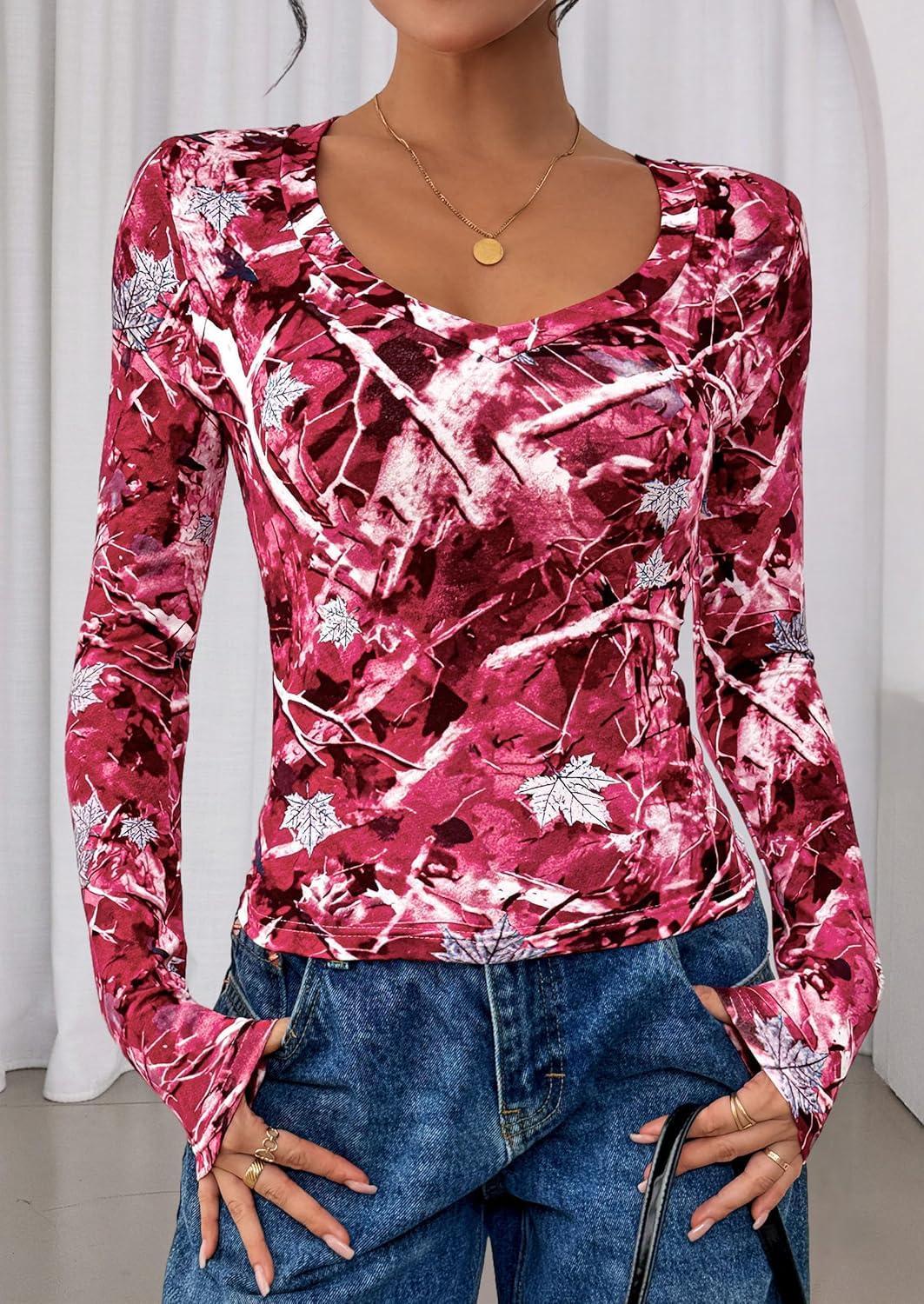 imagePRETTYGARDEN Womens Long Sleeve T Shirts 2026 Fall Trendy Deep V Neck Slim Fit Basic Crop Tops Casual Going Out TopRed Floral