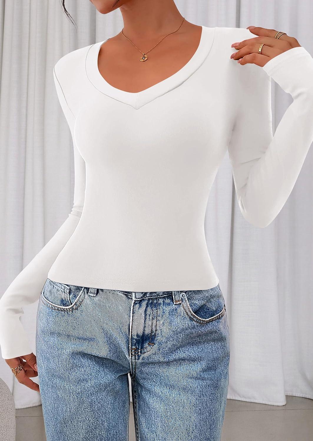 imagePRETTYGARDEN Womens Long Sleeve T Shirts 2026 Fall Trendy Deep V Neck Slim Fit Basic Crop Tops Casual Going Out TopWhite