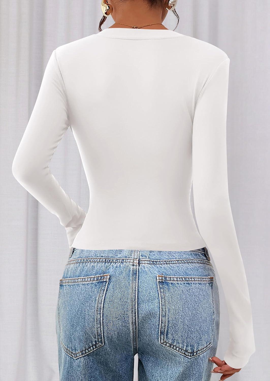 imagePRETTYGARDEN Womens Long Sleeve T Shirts 2026 Fall Trendy Deep V Neck Slim Fit Basic Crop Tops Casual Going Out TopWhite